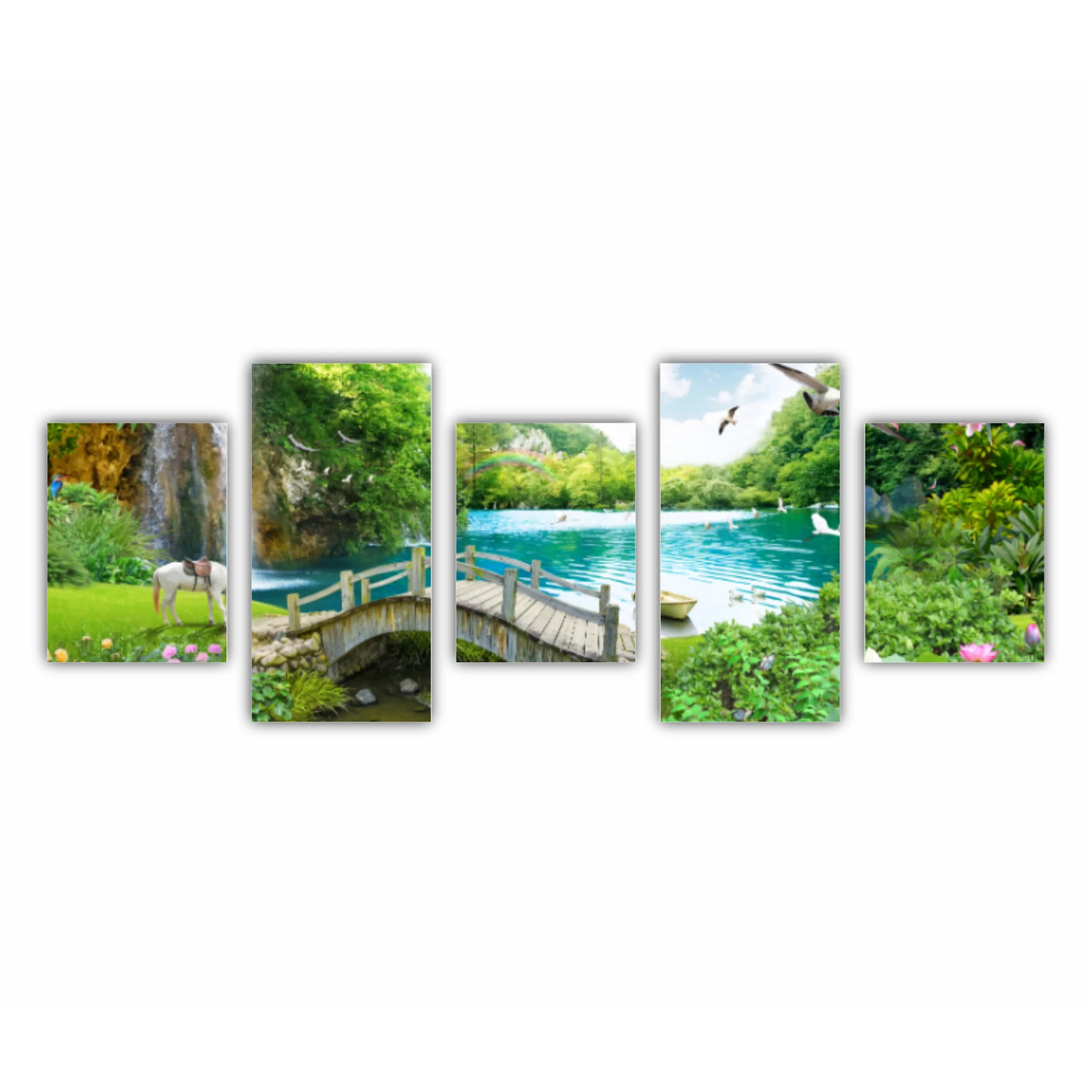 tropical view with waterfall, lake, bird, white horse and wood bridge