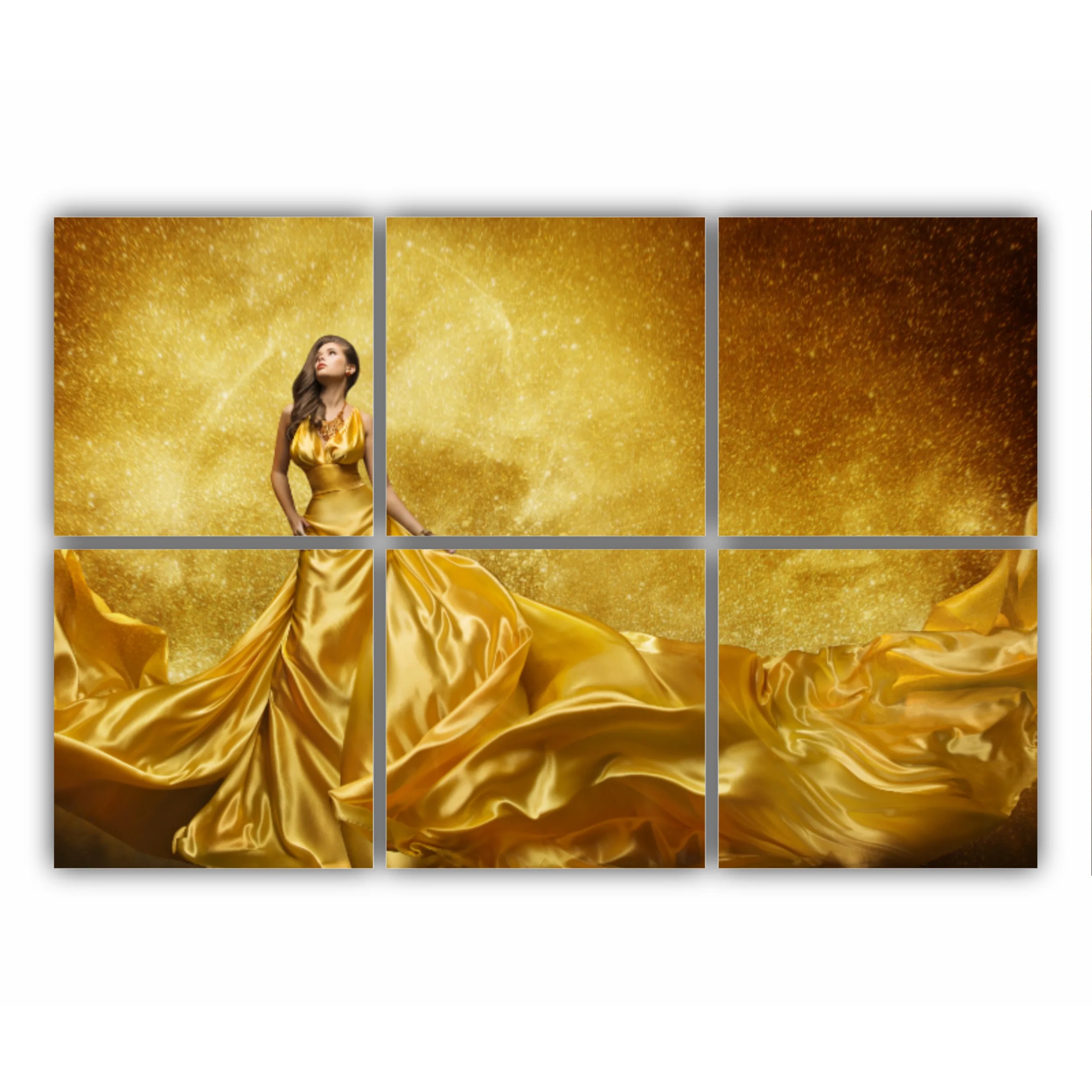 Gold Fashion Model Dress, Woman In Golden Silk Gown Flowing Fabric. Beautiful Girl on Stars Sky looking up