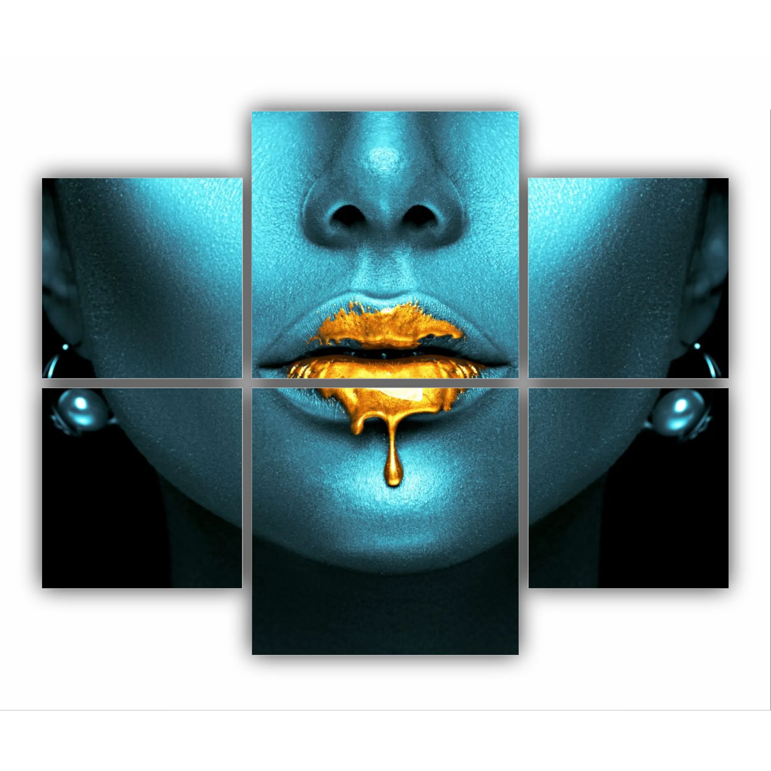 Lipgloss dripping from sexy lips, golden liquid drops on beautiful model girls mouth, gold metallic skin make-up. Beauty woman makeup close up