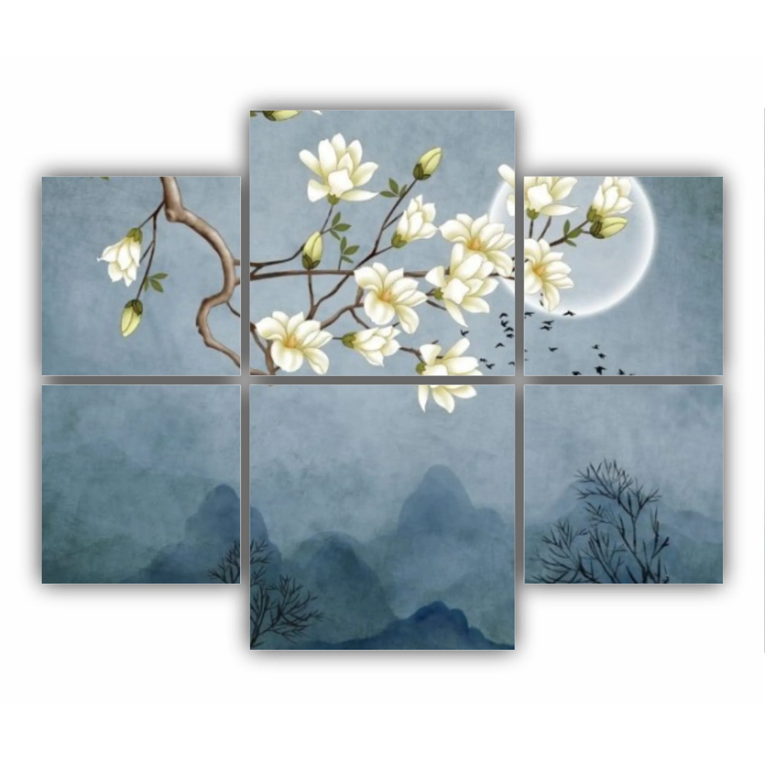 3d illustration of flowers, moon, flock of birds and mountains