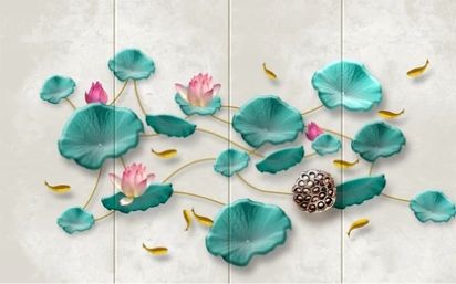 Ilustratie 3D a florilor de lotus si a scolii de pesti