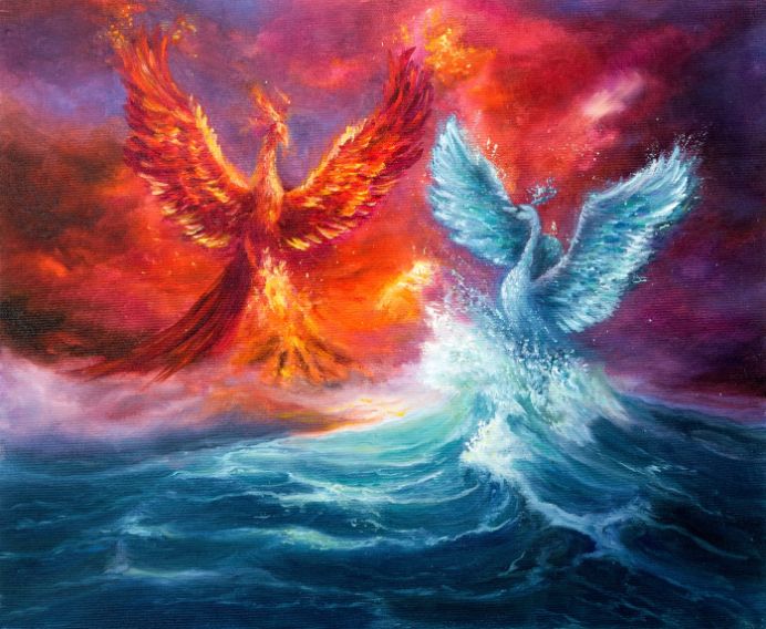 Phoenix și lebădă spirituală din valurile oceanului. Apus de soare auriu. Impresionism modern, modernism, marinism